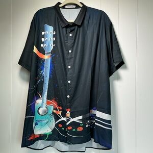 Misslook Men's XXL Casual Short Sleeve Button Front Shirt Navy Blue w/ Guitar